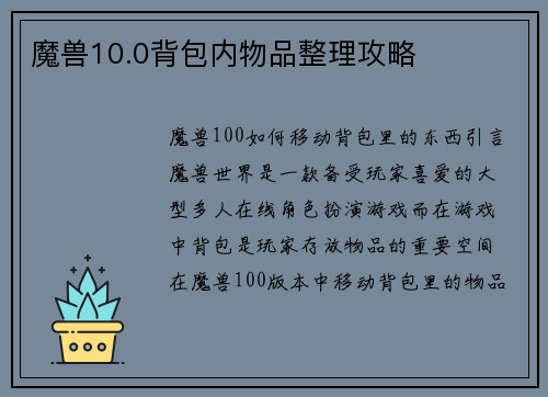 魔兽10.0背包内物品整理攻略
